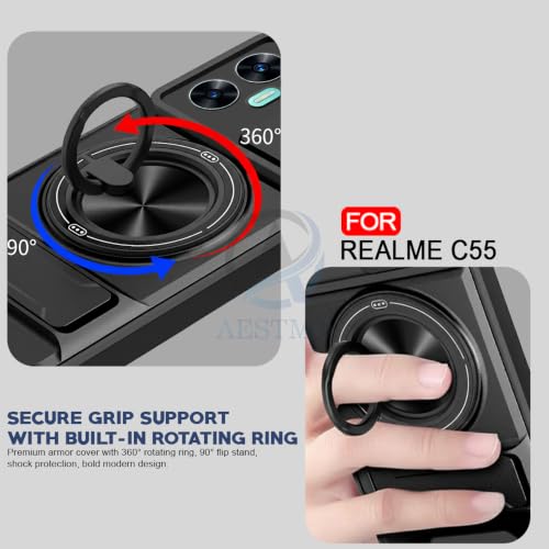 Image of AESTMO Realme Narzo N55 / C55 Back Cover | Armor Camera Slider 360 Degree Rotating Finger Ring Holder Case with Bracket Stand Back Case Cover (Compatible with MagSafe Accessories) Black