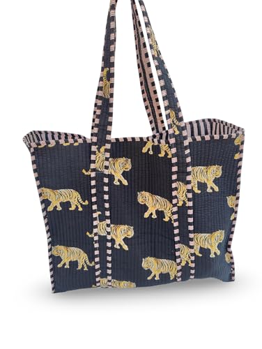 Image of Cotton Tiger Block Print Tote Bag, Indian Handmade Shopping Shoulder Bag, Unisex Market Daily Use