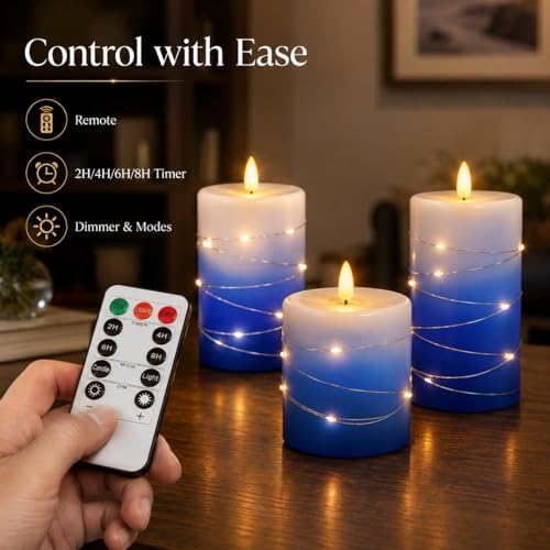 Image of Flameless LED Candles with Fairy Lights, Remote Timer, Blue Wax, 3-Pack | Layered Glow for Cozy, Worry-Free Ambiance