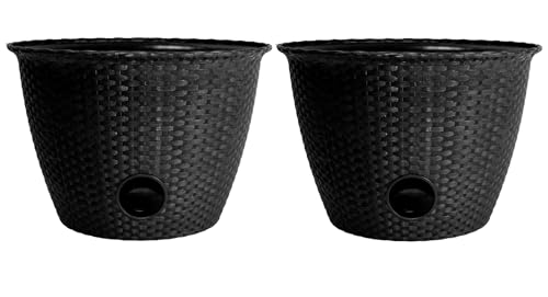 The HC Companies Woven Garden Hose Holder - Lightweight Plastic Decorative Water Hose Holder w/100-Foot Capacity - Garden Hose Pots for Outside (18”, Black, Pack of 2)