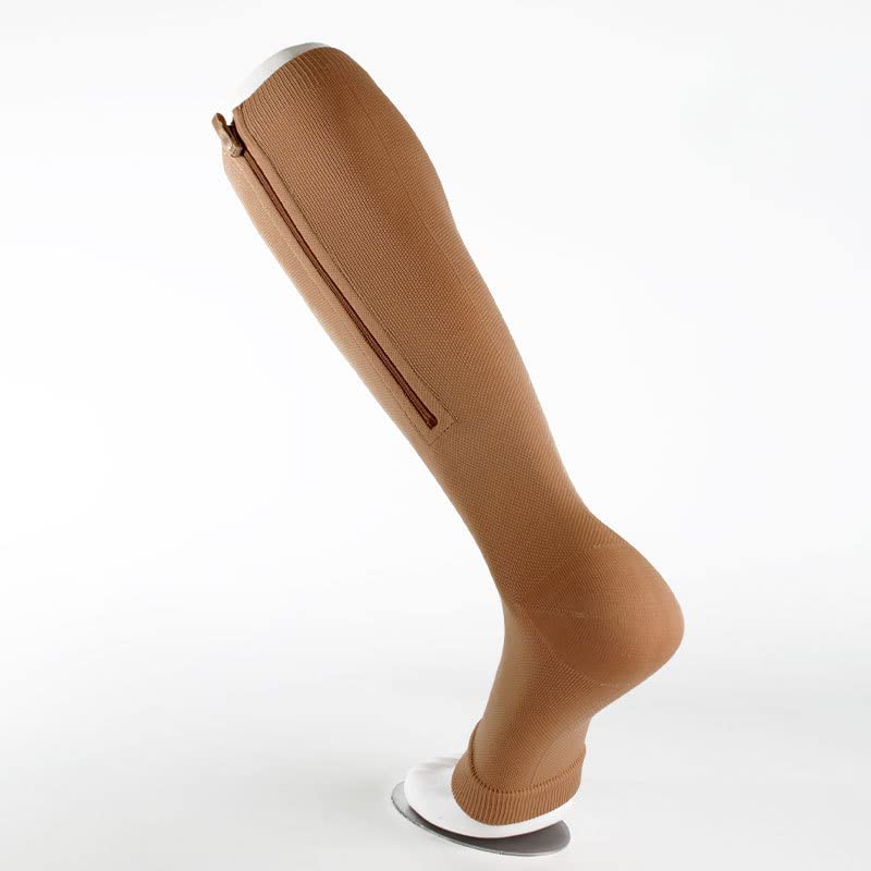 Compression Socks with Zipper - Toe Open Leg Compression Stockings Adult Sports Support Stocking Knee High Socks (Small/Medium, Beige)