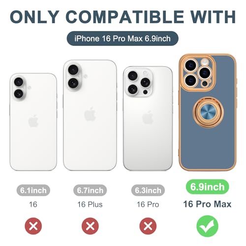 Hython for iPhone 16 Pro Max Case with Ring Stand, 360° Rotatable Ring Holder Magnetic Kickstand, Plating Rose Gold Edge Soft Cover Protective Phone Case for iPhone 16 Pro Max 6.9", Blue Gray by Hython - Image 7