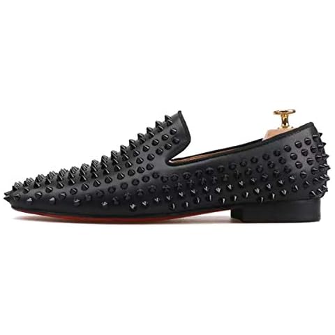 FERUCCI Men Black Leather Slippers Loafers Flat with Black Spikes (12) Cover