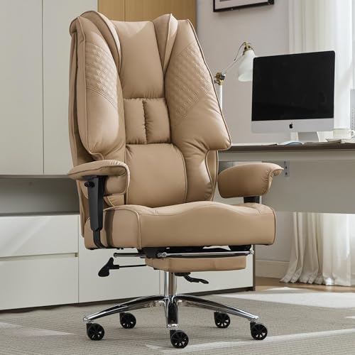 EXCEBET Big and Tall Office Chair 400lbs Wide Seat, Leather High Back Executive Office Chair with Foot Rest, Ergonomic Chairs Lumbar Support for Lower Back Pain Relief, All-Day Comfort (Brown)
