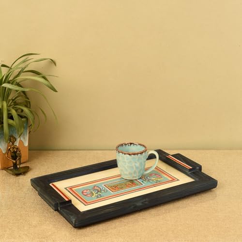 Image of Aakriti Art Creations Elegance in Fusion Tray, Serving Platter Beige | Madhubani Art with Matte Finish, Handcrafted Metal & Wood Tray with Handles | Tray for Kitchen Decor & House Warming Gifts