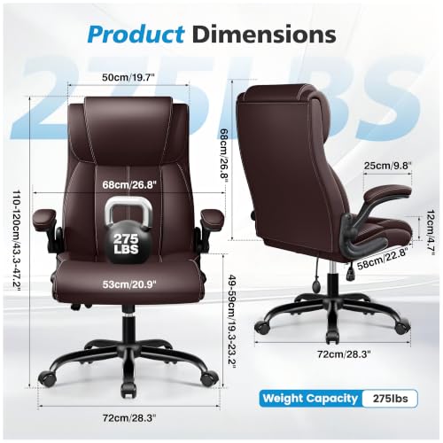 Image of Ergonomic Office Chair, High Back Executive Leather Desk Chair | Inflatable Lumbar Support for Back Pain Relief, Heavy-Duty Computer Desk Chair for Long Workdays, Flip-Up Armrests, Coffee