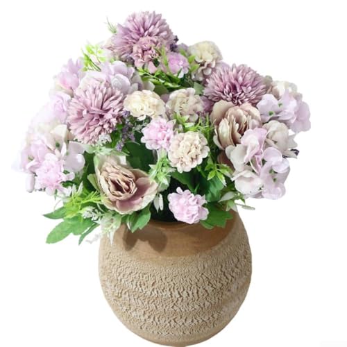 Springwillfly Flores decorativas de peonía y hortensias, paquete de 4 arreglos de seda para el hogar, eventos (morado)