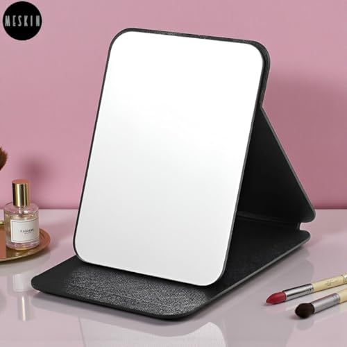 Image of MESKIN Portable Tablet Style Makeup Mirror with Foldable Stand | Compact Folding Free Hand Standing Mirror | Travel Friendly Vanity Mirror with PU Flap Cover (Pack of 1, Black)