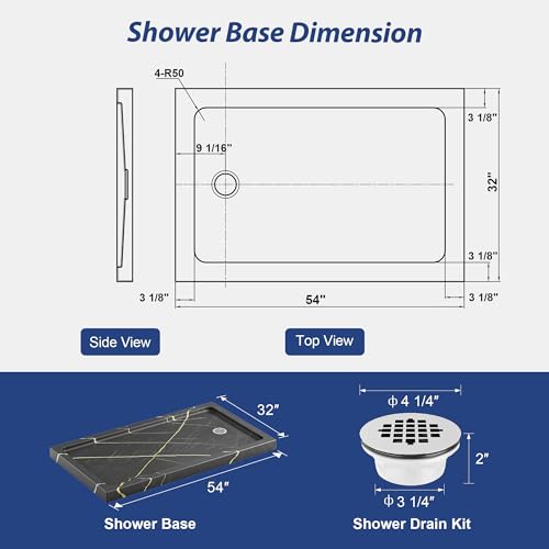 Image of KPUY 54'' X 32'' Shower Base Pan with Reversible Install, Blackish-gray
