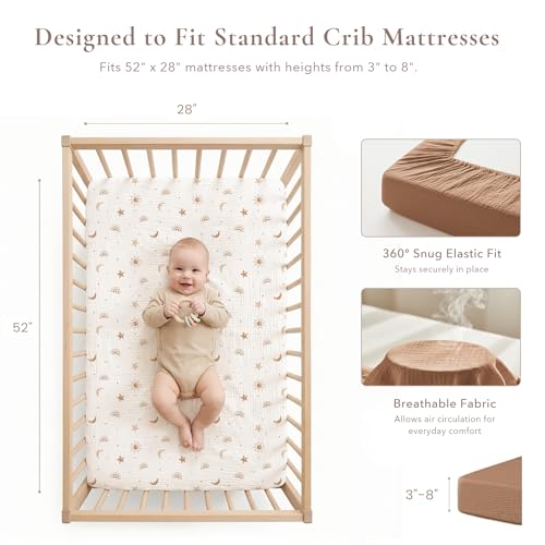 Image of Konssy Muslin Crib Sheets for Girl Boy, 2 PCS Soft and Breathable Cotton Baby Sheets for Standard Crib Mattress, 52 inchx 28 inch (Sunbeam Yellow, Coffice)