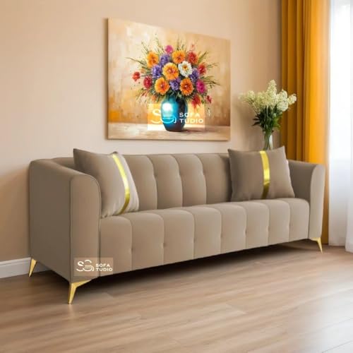 Image of Chesterfield Velvet Upholstery 3-Seater with Armchair and Footrest, Design in 3+1+Footrest Sofa for Living Room, Bedroom, Hallways (Tan Beige)