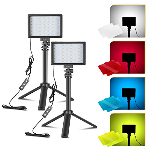 ONSEKO 2-Pack LED Video Light Table Top Lighting Kit, 10W 5600K 4 Color Filters, with Upgraded Mini Extendable Tripod for Photography Lighting, Vlogging, Video Conference and Video Recording