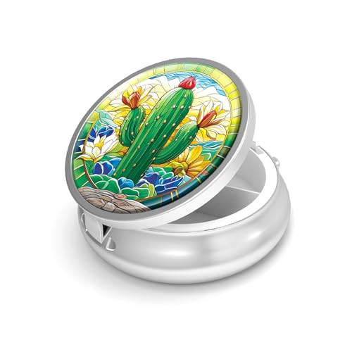 Image of Pill Box-3 Compartment Small Pill Case for Purse & Pocket Mini Metal Pill Holder Travel Pill Container to Hold Supplements Vitamins BPA-Free (Cactus)