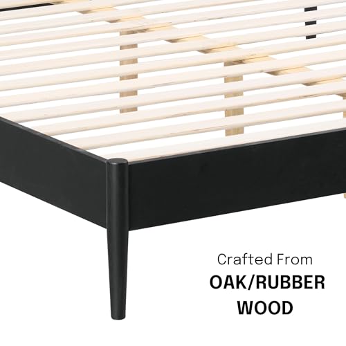 Image of NTC Lupin Wooden Bed Frame with Headboard and Natural Rattan, Solid Oak Foundation with Silent Slats, 1000 Lb Capacity, Effortless Assembly, Queen - Burnt Black