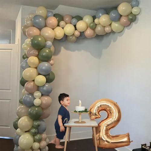 Image of Blue and Green Balloon Arch Kit 115Pcs Dusty Blue Sage Green Balloons Garland Slate Yellow Cream Nude Beige White Sand Birthday Party Balloons for Boys Bear Bee Honeycomb Baby Shower Decorations