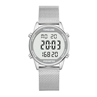 TIMEURE Women's Step Counter Watch with Stainless Steel Bracelet, Stylish Design, No App, No Charging Needed for Step, Calorie, Distance Tracking, Alarm, Countdown Timer，TU-2401 (SR), Silver