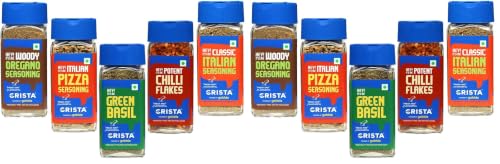Image of CRISTA Italian Spices & Seasonings Combo- 1 | Oregano Seasoning x 1, 50 gms | Pizza Seasoning x 1, 40 gms | Basil x 1, 15 gms | Italian Seasoning x 1,40 gms | Chilli Flakes x 1, 30 gms| Pack of 10