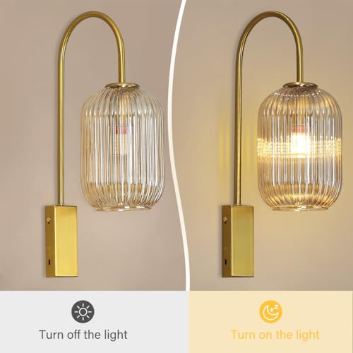 Image of 1-Light Bathroom Vanity Light fixtures Glass Globe Wall Sconce Lights Gold Wall Mount Light with Amber Glass Shade Mid Century Modern Wall Sconce for Over Mirror Bedroom Hallway