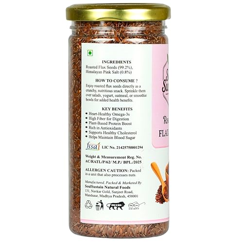Image of SoulSustain Roasted Flax Seeds (250 GM) | Plant Protein & Fiber Snack | Omega 3 Nutrient Seeds | Gluten Free Vegan Snack for Smoothies, Baking, Salad Topping, Breakfast, Travel, Workout Energy