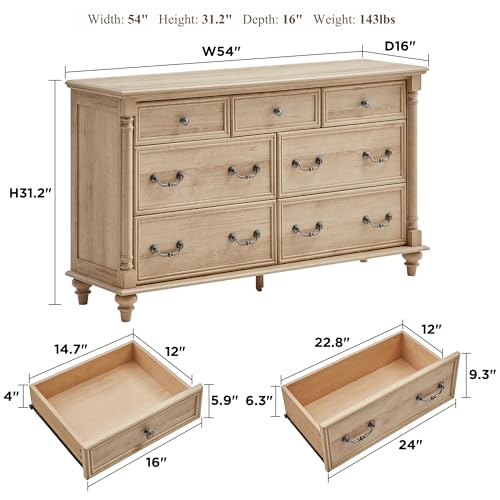 T4TREAM Farmhouse 7 Drawers Dresser Chests for Bedroom with 4 Solid Wood Feet, Tall Wide Wood Country Rustic Chest of Drawers, Storage Dressers for Bedroom, Living Room,Natural Oak