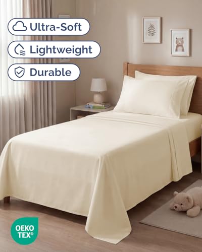 Image of Twin 4 Piece Bed Sheet Set - Comfy, Breathable & Cooling Sheets - Off White | Ultra Soft Hotel Luxury Bedding Set with 8-16 Inch Deep Pockets, 1 Flat & 1 Fitted Sheet & 2 Pillowcases, Wrinkle & Fade Free