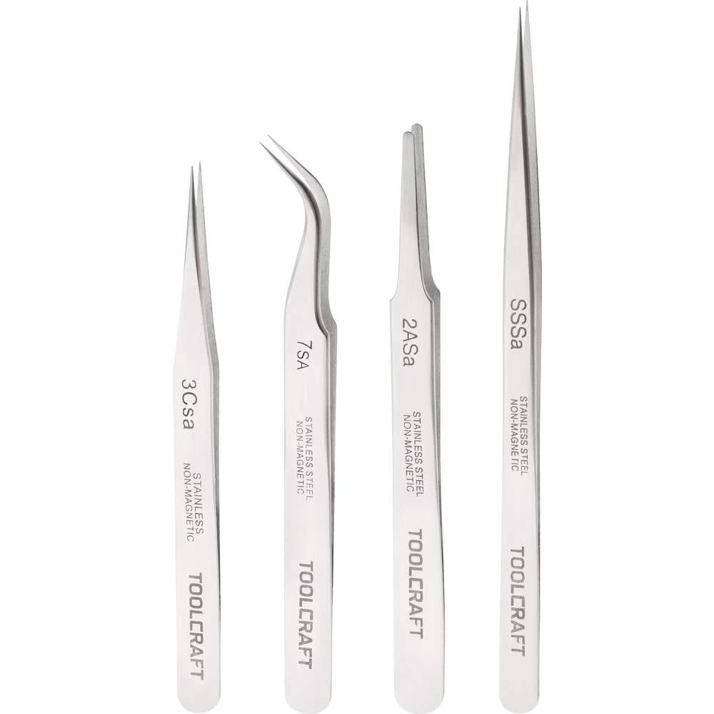TOOLCRAFT 816747 Jeu de pinces brucelles 4 pièces SS SA, 2a SA, 7 SA, 3c SA plate, ronde, pointe en forme de faucille,