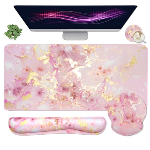 Image of 4-in-1 Gaming Mouse Pad Wrist Support Set，Desk Pad + Mouse Pad with Wrist Rest + Keyboard Wrist Rest + Coaster, Ergonomic Design for Home Office Study Game - Pink