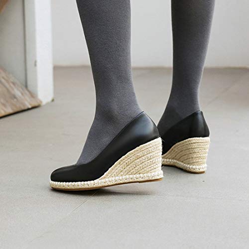 VOKLIN Women's Round Toe Espadrilles Wedge Pumps Slip On Leather Casual Platform High Heels Pump Dress Shoes3
