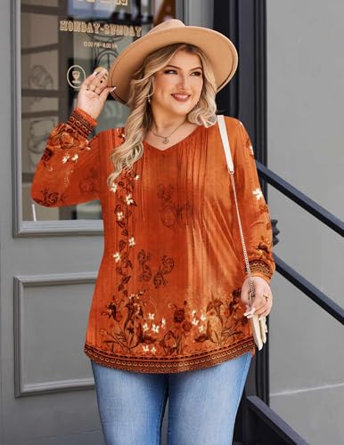 Image of IN'VOLAND Womens Plus Size Shirts V Neck Puff Long Sleeve Tops | Loose Fit, Dressy Casual Blouse, Pleated, Fall Outfits, Business Work TShirts, Basic Tees