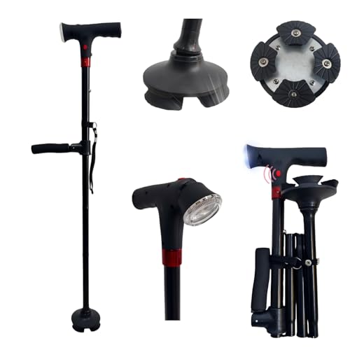 Aisenth Folding Walking Cane for Men & Women, Lightweight Adjustable Cane with 360° Rotating Base & LED Light (Batteries Not Included), Non-Slip Handle, Foldable Senior Walking Stick