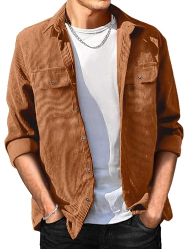 Image of Comdecevis Men's Corduroy Button Down Shirt Long Sleeve Solid Tops Work Shirt Jacket with Flap Pockets Khaki 3X-Large