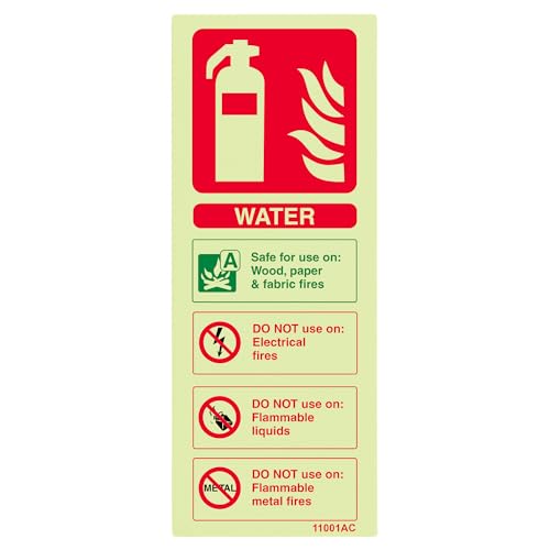 V Safety Glow-in-the-Dark Water Fire Extinguisher Sign – 75×200 mm Rigid Plastic – ISO 7010 Compliant Fire Safety Signage – Photoluminescent Wall Label for Workplace & Building Fire Points