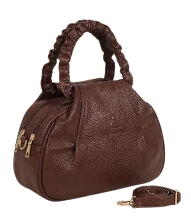 Brown Leather Handbag with Ruched Top Handles, Zip Closure, Detachable Crossbody Strap, Gold-Tone Hardware-image-0