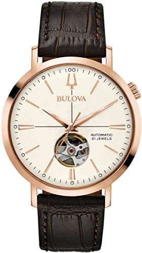 Montre Bulova Homme Automatique 97A136 en acier doré avec cadran squelette marron