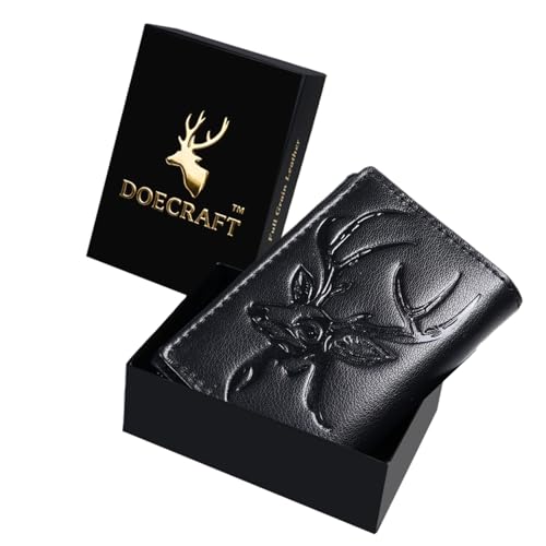 Image of Men's Genuine Leather RFID Wallet | Premium Slim Red Wallet for Men with Deer 3D Print | 8 Card Slots Secure and Durable | Casual Stylish | Formal & Gifting Use, Golden (Black)