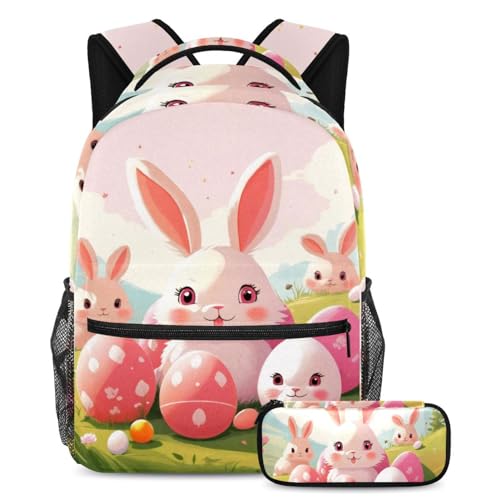 Sac à dos avec trousse pour l'école et voyage, motif lapin de Pâques, lot de 2