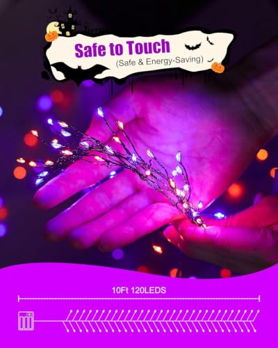 Image of Brightown Halloween Fairy Lights Battery Operated, 10 FT 120LED Firecracker String Lights, Silver Wire Firefly Lights for Bedroom Home Haunted House Indoor Outdoor Holiday Decorations, Orange & Purple