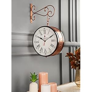 Vintage Copper Dual Side Victoria Station Dial/Bond Street Dial Metal Carving Clock with Metal Stand Station Clock Hanging Clock Platform Style Clock Wall Clock