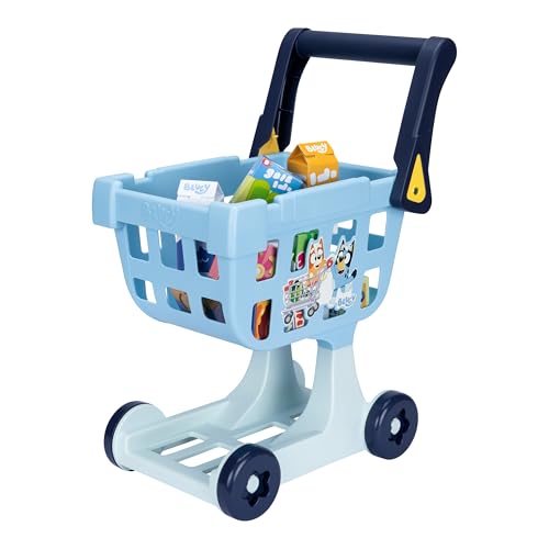 Image of Bluey Shopping Trolley, Sturdy Toy Shopping Basket with Free-Rolling Wheels, Rotating Handle, and 8 Cardboard Accessories, Push Cart for Kids Ages 3+