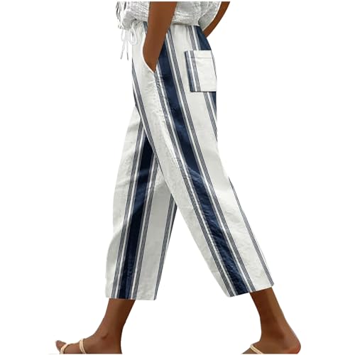 Stripe Color Block Capri Pants for Women Casual Straight Leg Capri Pants Drawstring Elastic Waist Cropped Trousers