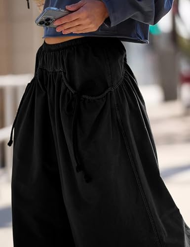 Zhiyouni Women's Loose Wide Leg Track Pants Casual Elastic High Waist Cargo Trousers(Black-S)4