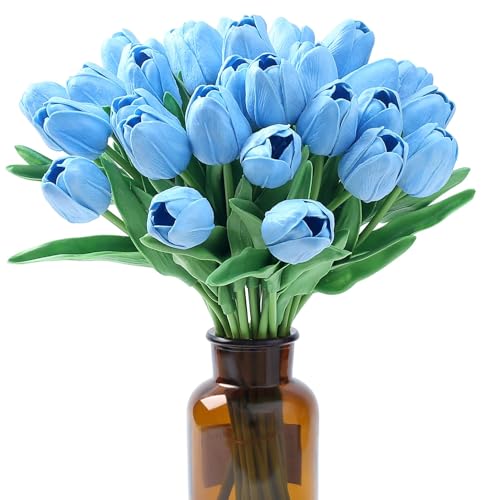 Wekuw 15 Piezas Tulipanes Flores Artificiales Decoracion Ramo de Flores Naturales a Domicilio Artificiales Realistas Tulipanes Real Touch para la decoración de la Boda del Partido(Lago Azul)