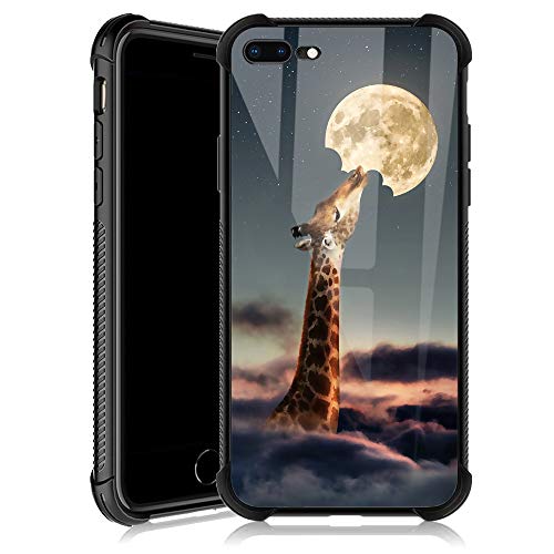 iPhone 8 Plus Case,Giraffes Eat The Moon iPhone 7 Plus Cases for Girls,Tempered Glass Back Cover Anti Scratch Reinforced Corners Soft TPU Bumper Shockproof Case for iPhone 7 8 Plus Night Sky Clouds