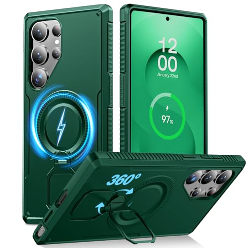 CENMASO Magnetic Case for Samsung Galaxy S25 Ultra with 360° Spin Stand, Compatible with Magsafe, Military Grade Protection, Shockproof Case for Galaxy S25 Ultra with Kickstand & Ring Stand, Green - image 1