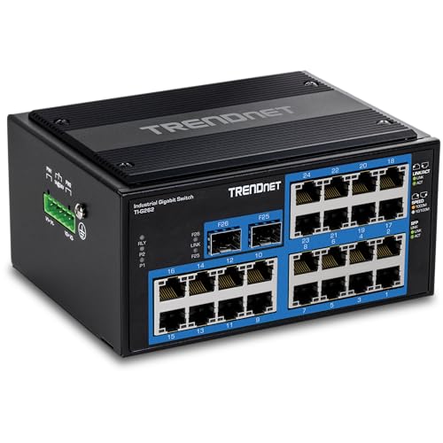 Image of TRENDnet 26-Port Hardened Industrial Gigabit DIN-Rail Switch, TI-G262, 24 x Gigabit Ports, 2 x Gigabit SFP Ports, 52Gbps Switching Capacity, Lifetime Protection, Black