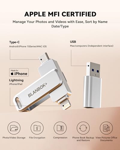 BLANBOK+ MFi Certified USB Stick 128GB Flash Drive for iPhone Photo Stick, USB C Memory Stick High-Speed USB C flash drive, Photo Storage for iPhone/iPad/Android/PC