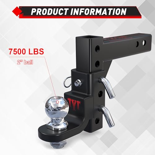 Image of TYT Adjustable Trailer Hitch Ball Mount, 2 inch Towing Ball 7500 LBS, 9-1 /2 inch Drop and 8-1 /4 inch Rise, Fits 2-in Receiver with 2 Pin&Clips and 5 /8 inch Premium Pin Lock for Heavy Duty Truck