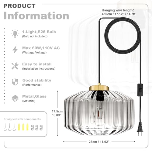 Image of Clear Plug in Chandelier Corded Ceiling Hanging Light Gold Kitchen Island Pendant Light with Corded On /Off Switch Plug in Light Fixtures for Bedside Dining Room