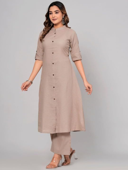 Image of Avayayat Stylish Katha Cotton Co-ord Set For Women - Shirt Style Kurti with Pants, 2peice Kurta With Trouser Casual Wear Brown