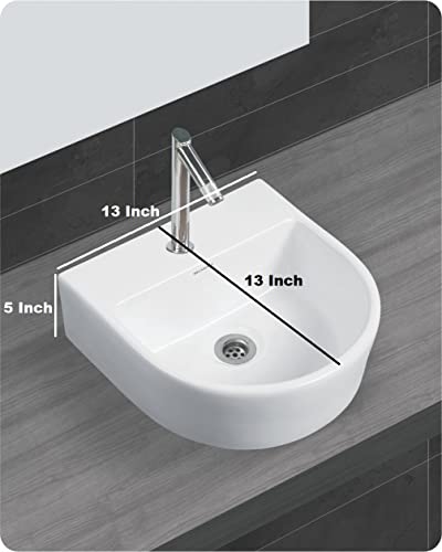 Image of Wash Basin Table Top Over Counter Vessel Sink Glossy Finish White Sink for Bathroom (13 x 13 x 5 Inch)